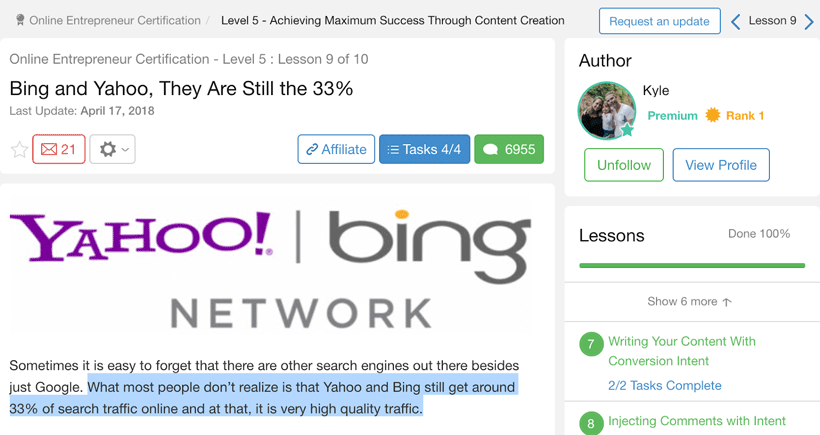 A lesson saying that Bing and Yahoo have a 33% share of all search engine traffic