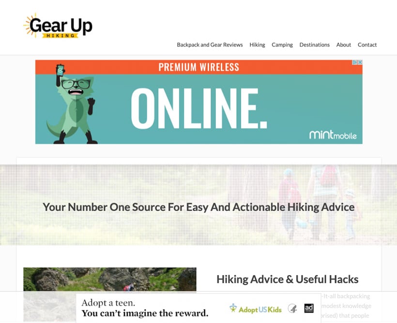 Gear Up Hiking, affiliate website homepage